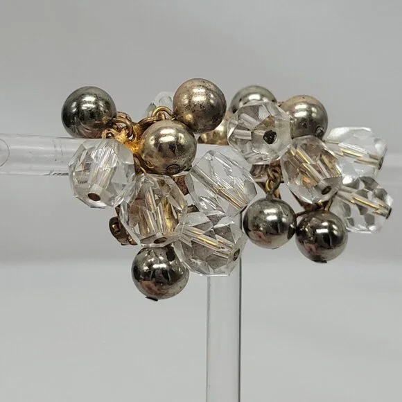 Vintage Cluster Clip-On Earrings With Clear Faceted Beads & Silver-Tone Balls - Picture 6 of 11